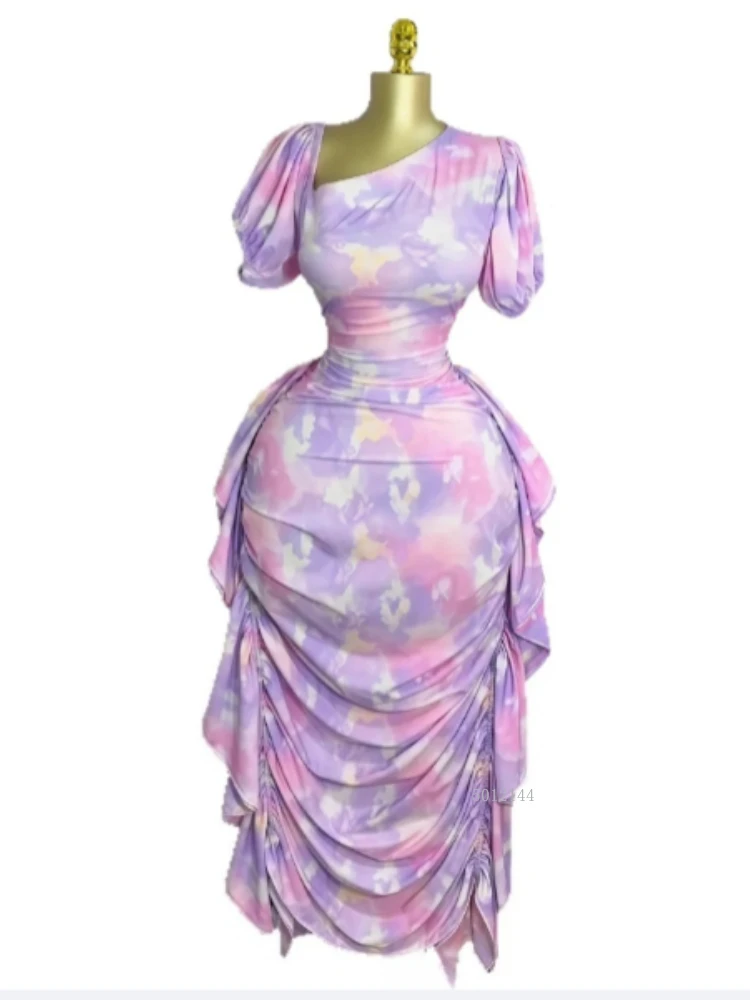 Elegant Women Tie Dye Printed Skew Neck Ruched Stacked Bodycon Midi Maxi Long Dress 2026 Vacation Holiday Sexy Vestidos Dresses