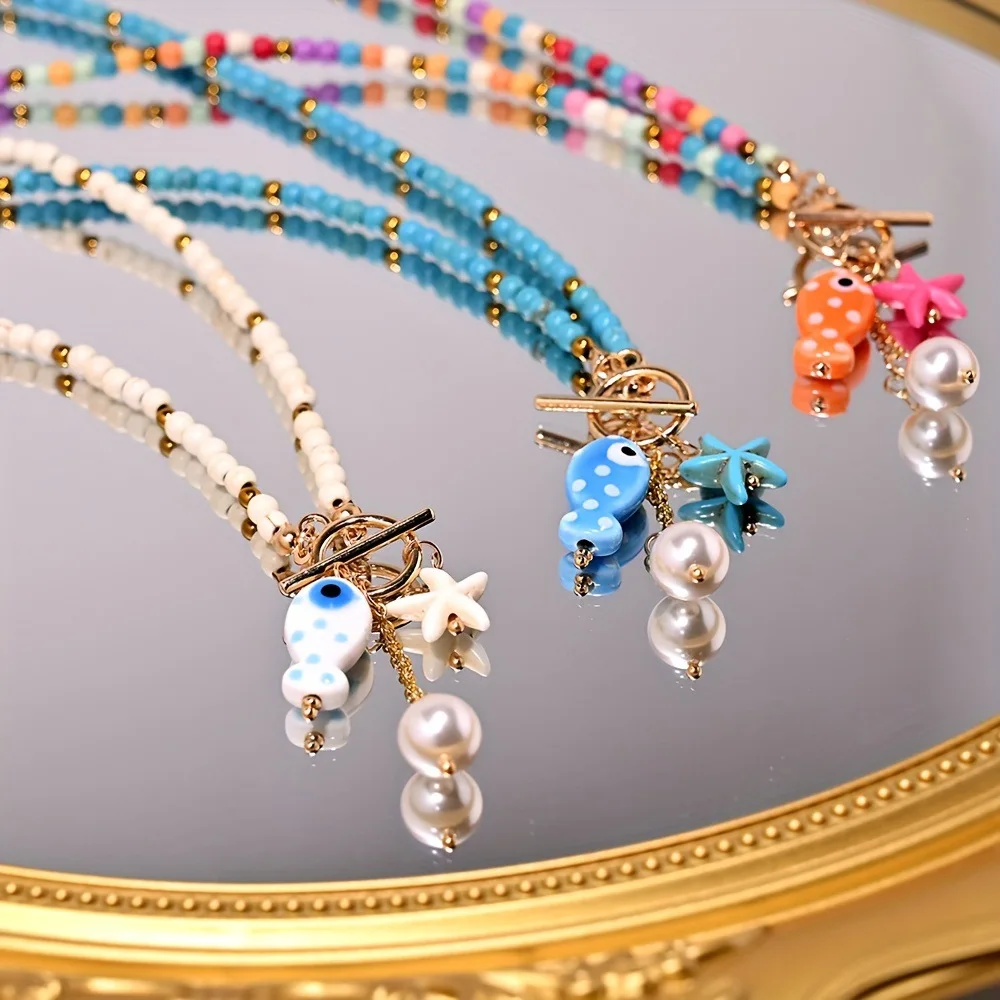 

Bohemian Fun Style Ceramic Spotted Fish Vintage Imitation Pearl Turquoise Starfish Necklace