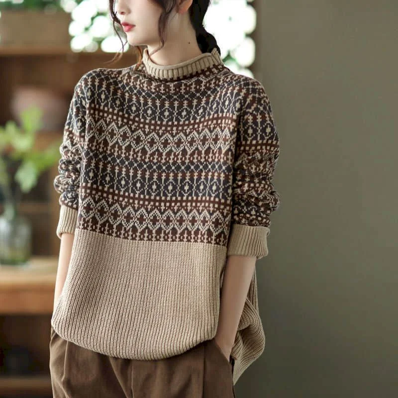 

Sweaters Pullovers Oversized Women Jacquard O-neck Korean Style Knitted Long Sleeved Tops Loose Knitwear Winter Clothes Women