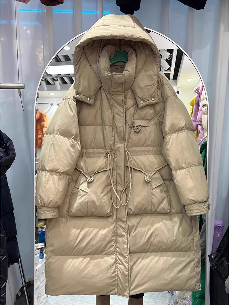 Inverno novo quente casual grosso longo outwear pato branco para baixo casaco 2025 versátil cor sólida com capuz jaqueta para mulher