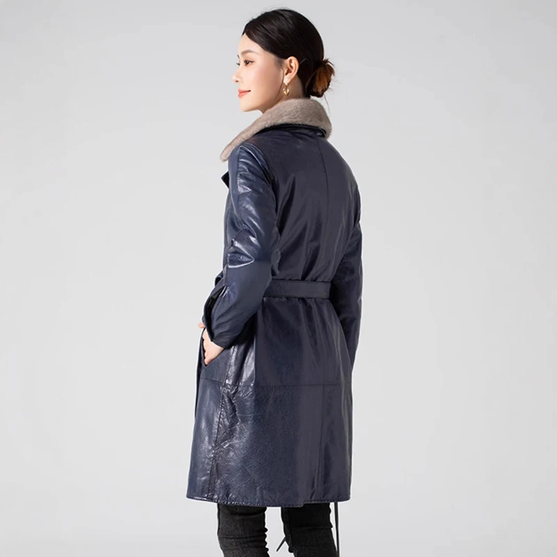 Dames winter donsjack gewaxte schapenvacht ganzendons nertsenbontkraag riem slim fit blauw halflange warme lederen jas