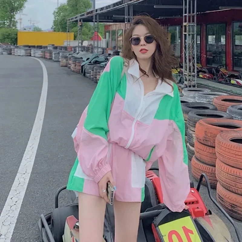 Women Summer Color Block UV Protection Thin Sunscreen Jacket Elastic Shorts Two Piece Casual Sports Outfit