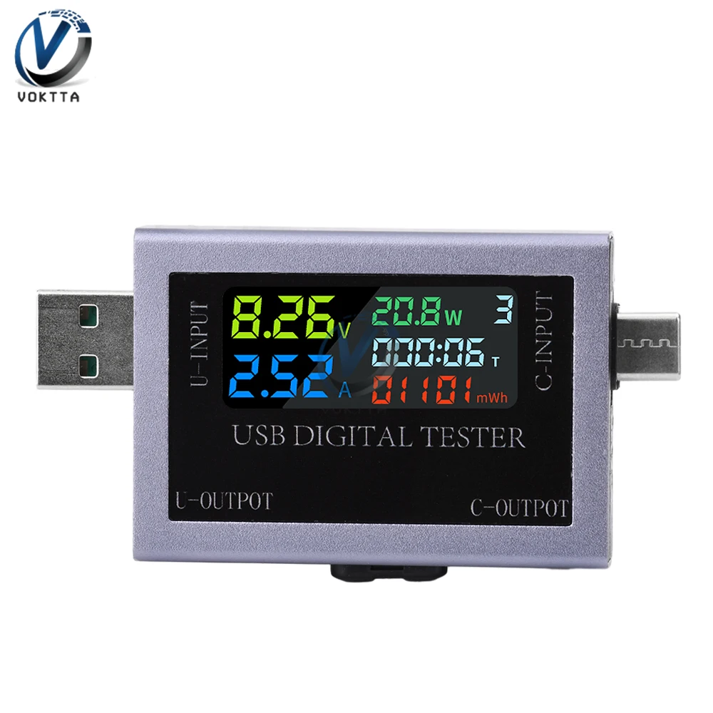 DC 4.5-50V 0-8A USB Type-C Tester Multi-function Digital Display Voltage Ammeter Power Meter DC Power Bank Charging Indicator