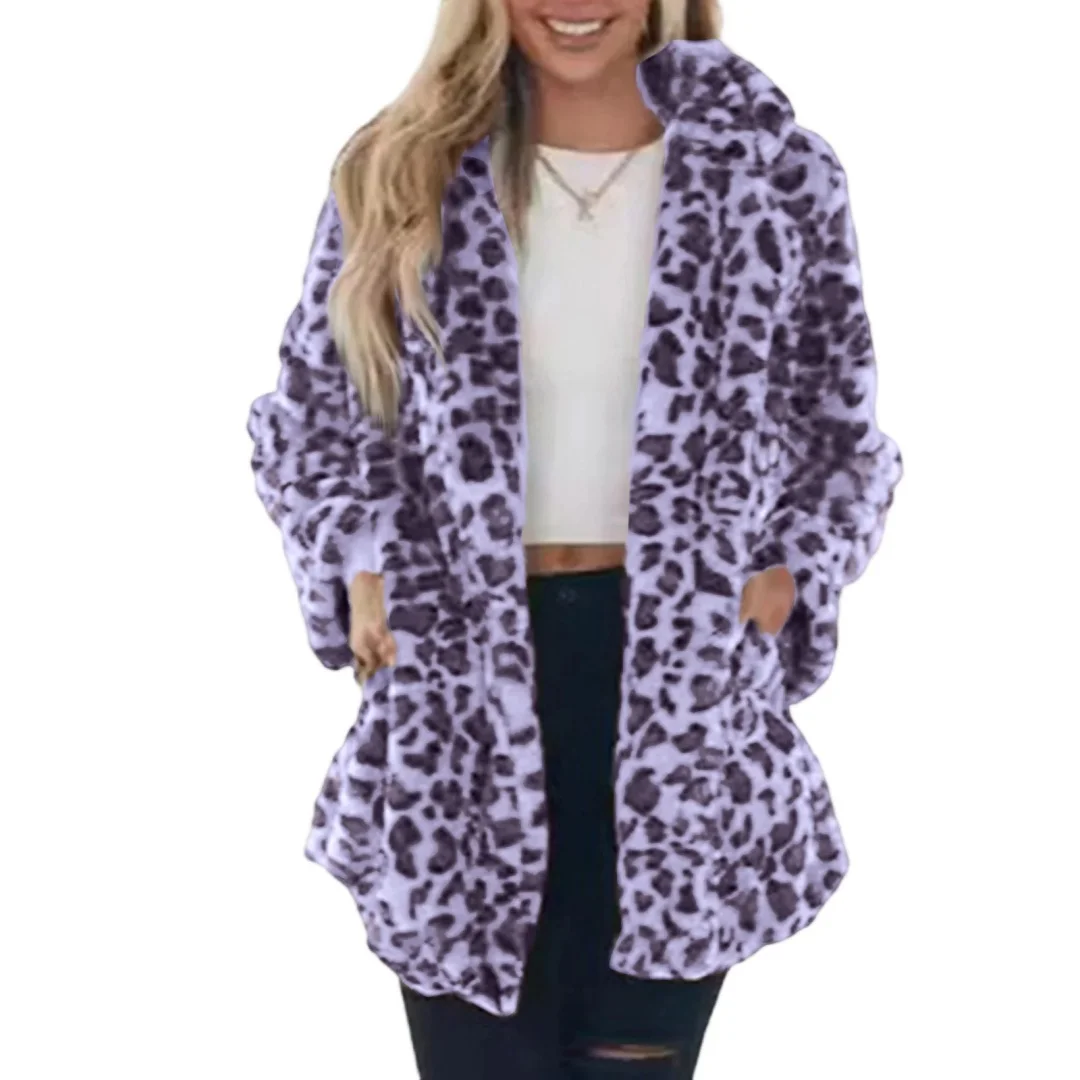 

Women'S Leopard Print Faux Fur Coat - Heavy Winter Jacket With Loose Fit, Warm Animal Print Outerwear For Fashionable Cold Weath