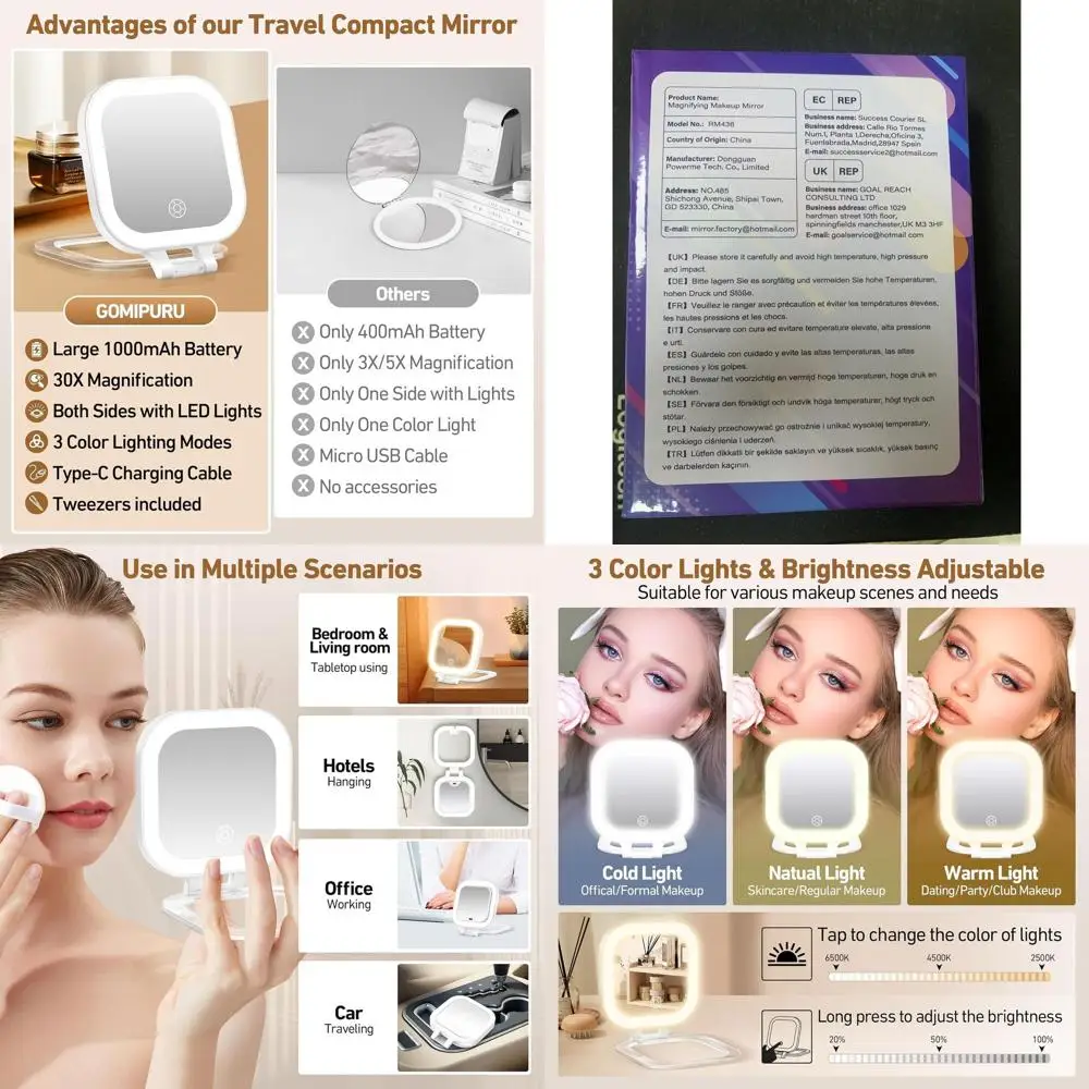 مرآة مكياج محمولة بإضاءة LED، تكبير 1x/30x، 3 إعدادات ألوان، مدمجة وقابلة للتعليق، تتضمن ملقط #1
