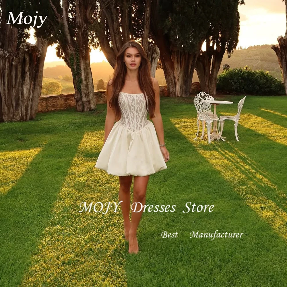 

Mojy Light Champagne Lace Prom Dresses Mini Satin Off Shoulder Appliques Ball Gowns A Line Backless Party Dress Customized