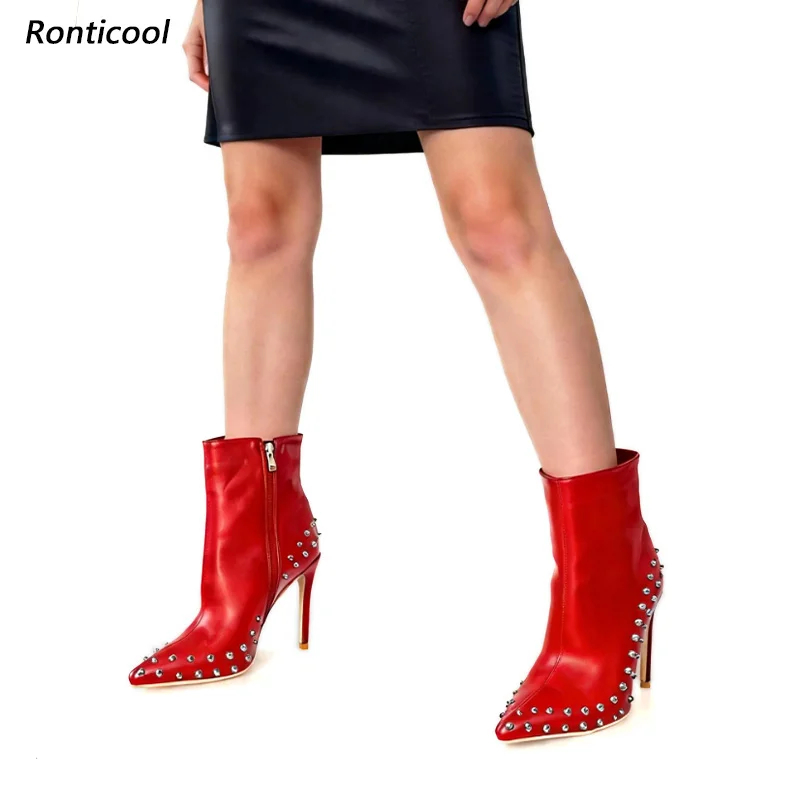 

Ronticool Handmade Red Leather Ankle Boots for Women - Studded Pointed Toe High Heel Short Boots Size 5-16