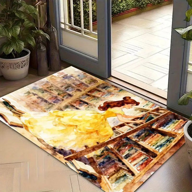 1PC Disney Princess Belle Library Watercolor Floor Mat (50x80cm), Beauty and the Beast Bookshelf Aesthetic Area Rug, Soft Non-Sl