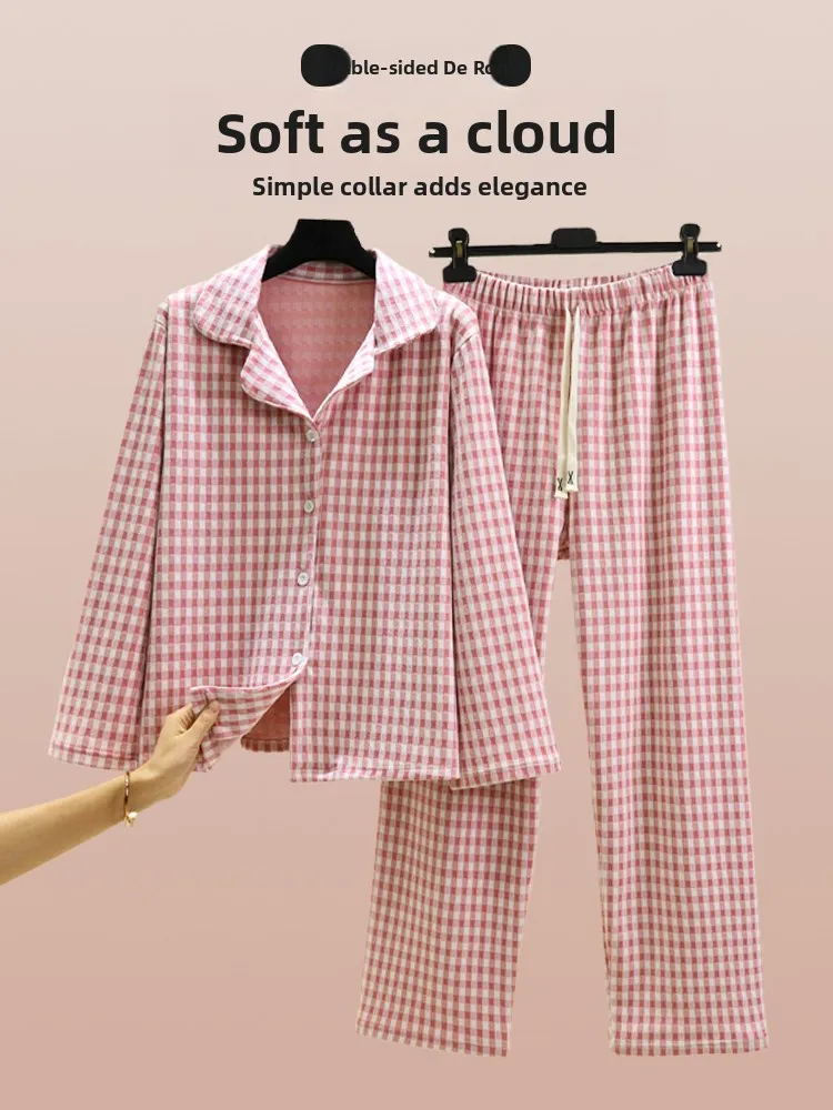 

Autumn Winter Fleece Lined Plaid Home Clothes Women Loose plus Size Collared Pyjamas Double Sided Brushed Warm Home Set