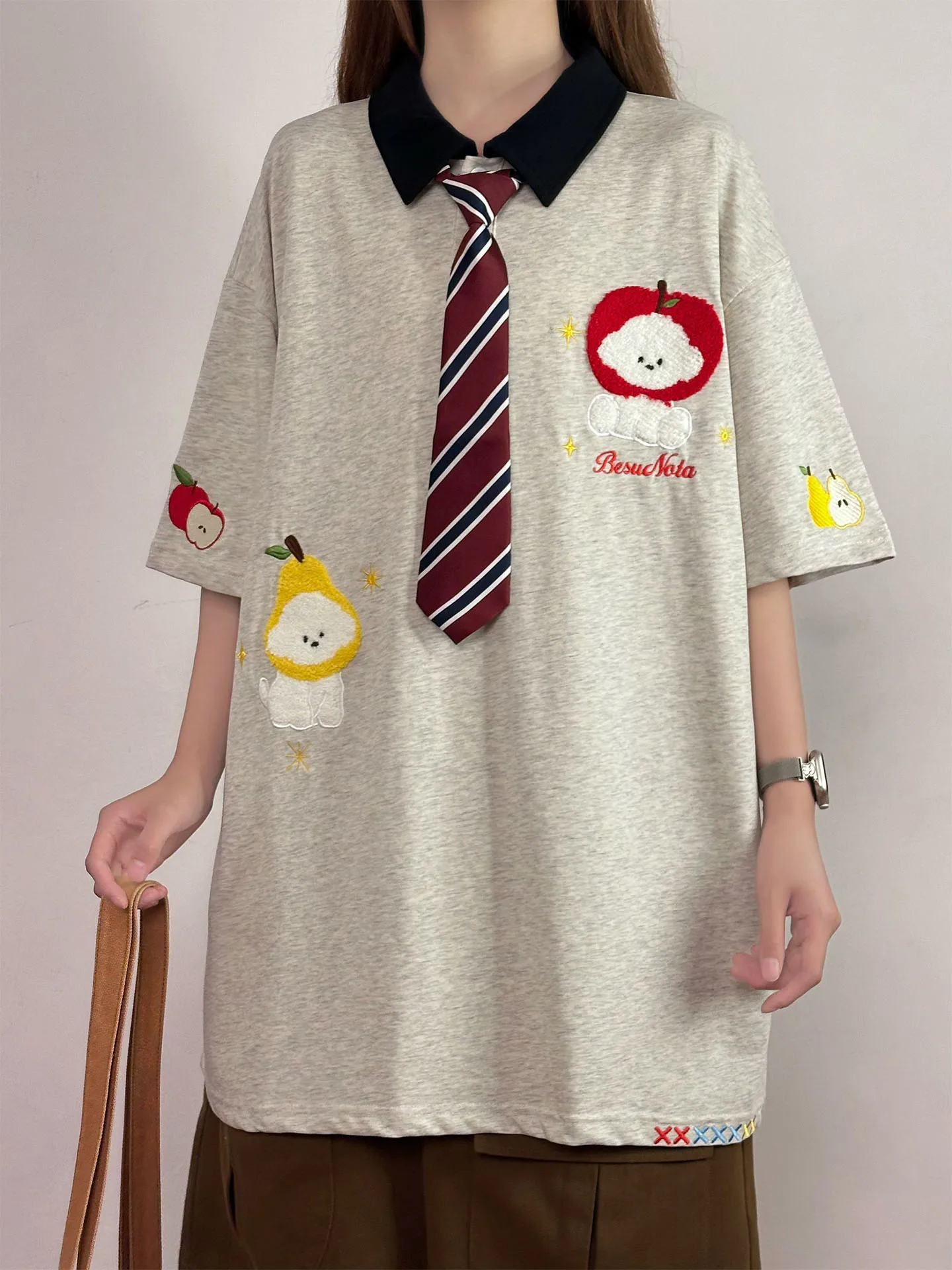 Summer Japanese Embroidered Polo Tie Short-sleeved T-shirt Women's 2025 New Loose College Style Balck Top Oversized T Shirt