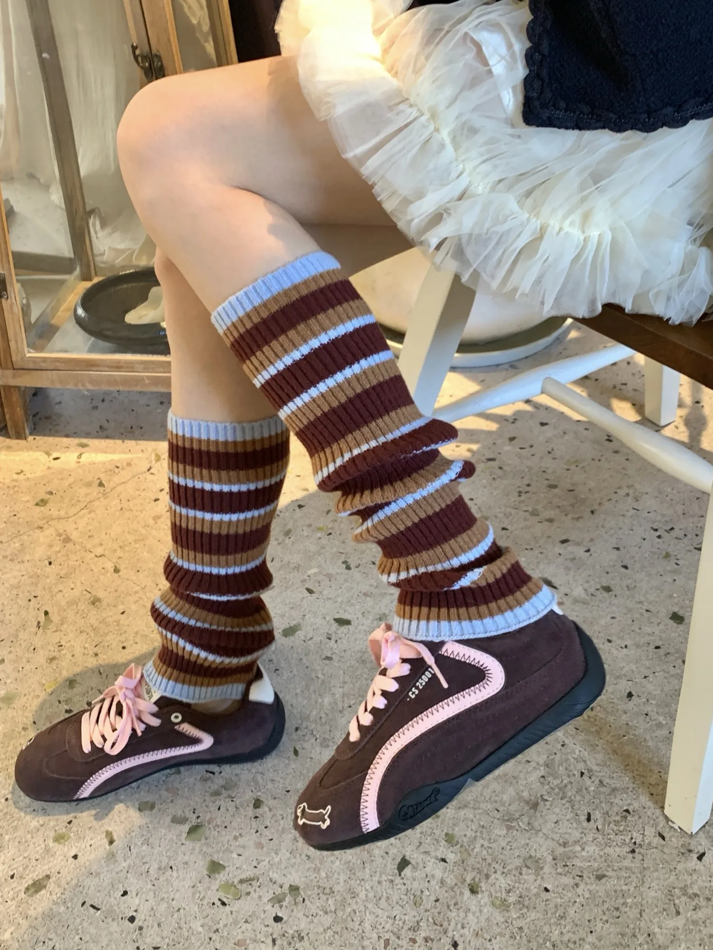 1Pair Women Retro Color‑Block Striped Knit Leg Warmers Ribbed Slouchy Calf Covers Y2K Autumn Outfit