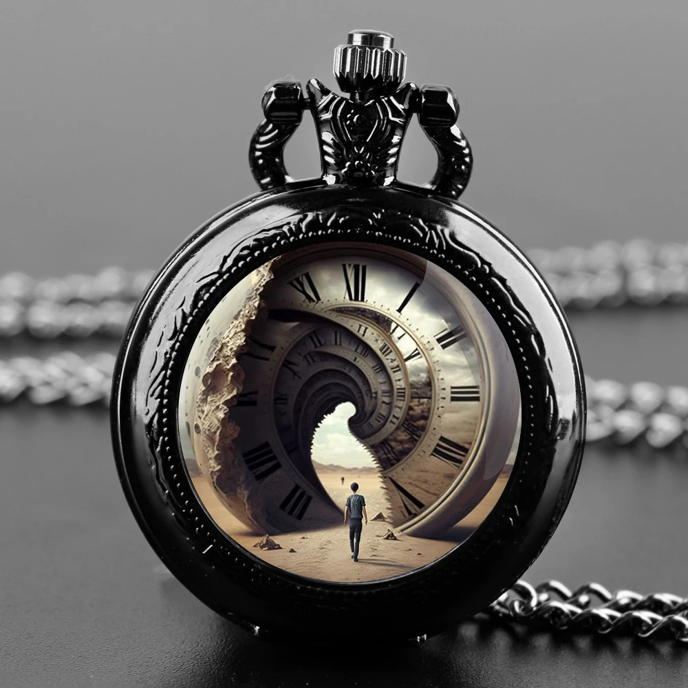 Exquisite Gift Time Machine Design Glass Dome Quartz Pocket Watch Necklace Men Women Unique Jewelry Pendant Birthday Gift