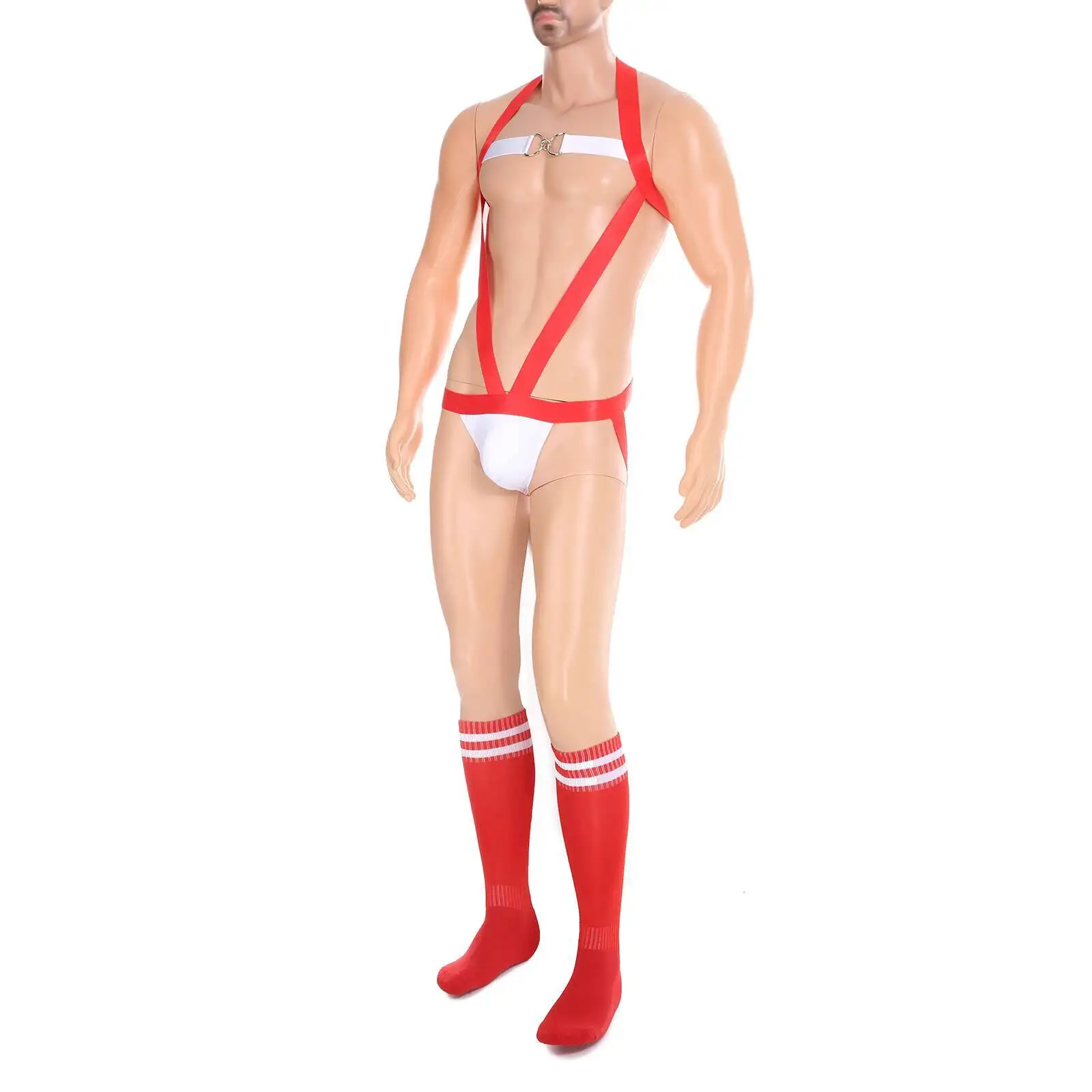 

Christmas Lingerie Homewear Red Sexy Chest Strap Cosplay Backless One-Piece Thong + Red Stockings Set