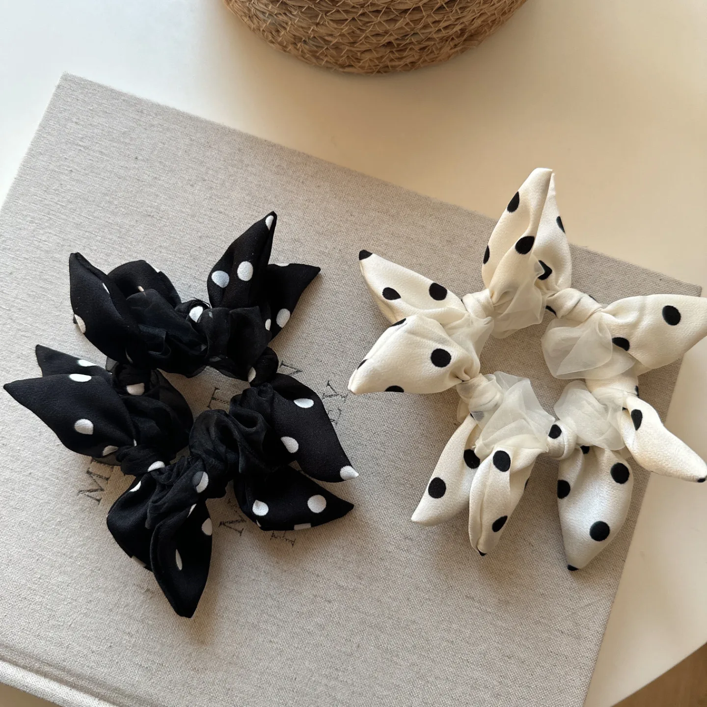

Polka Dot Bow Scrunchie Black White High Elasticity Ponytail Holder for Women Versatile Soft Fabric Lightweight Daily Use