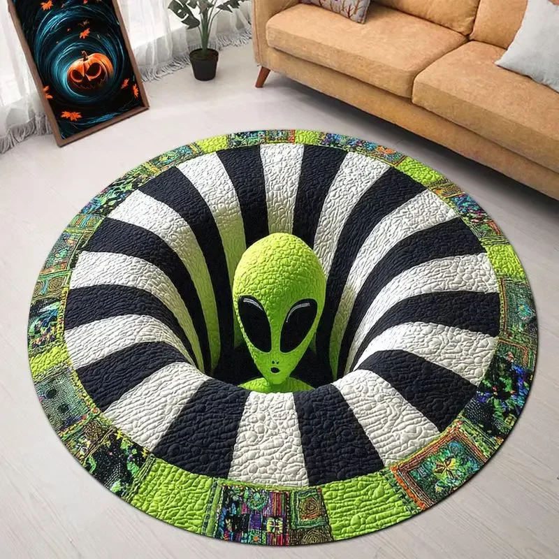 VIKAMA 3D Optical Illusion Round Rug Alien Tunnel Funny Flannel Area Rug Non Slip Soft Living Room Bedroom Floor Mat Decor