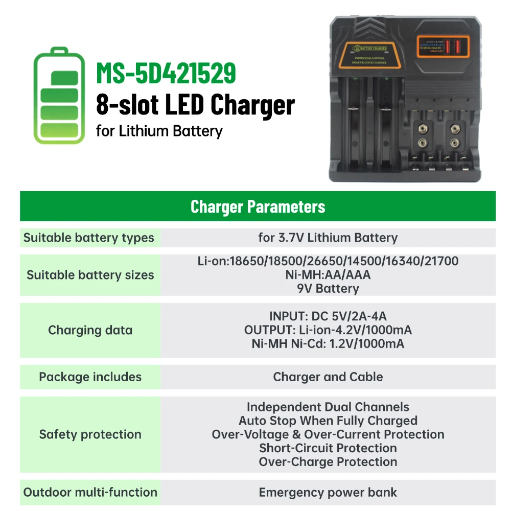 PUJIMAX MS-5D421529 8 Slot Battery Charger Independent Channel 3.7V Li-ion 18650/21700/26650/18500/14500/16340 1.2V AAA NiMH 9V