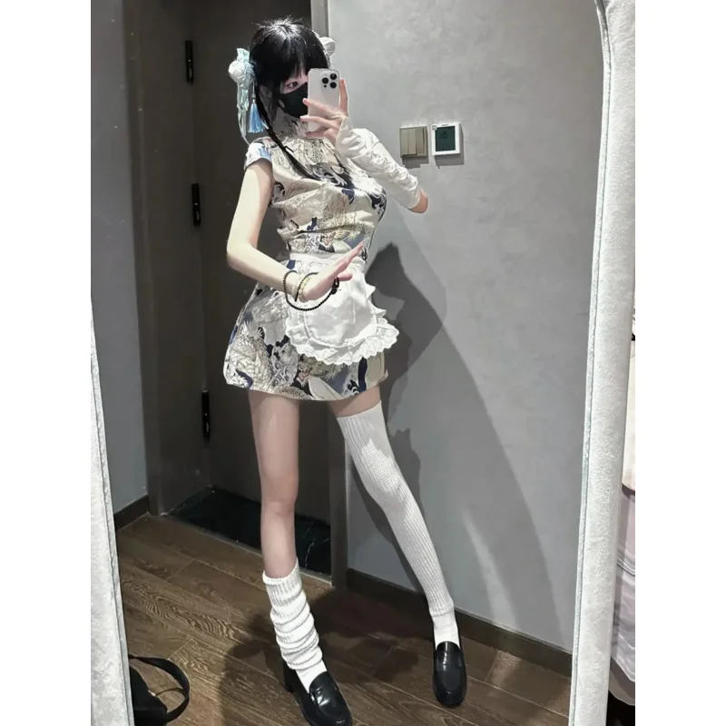 Set Chinese cook Lolita Japanese Lolita maid apron clothing new Chinese waist cheongsam dress two-piece set 2024