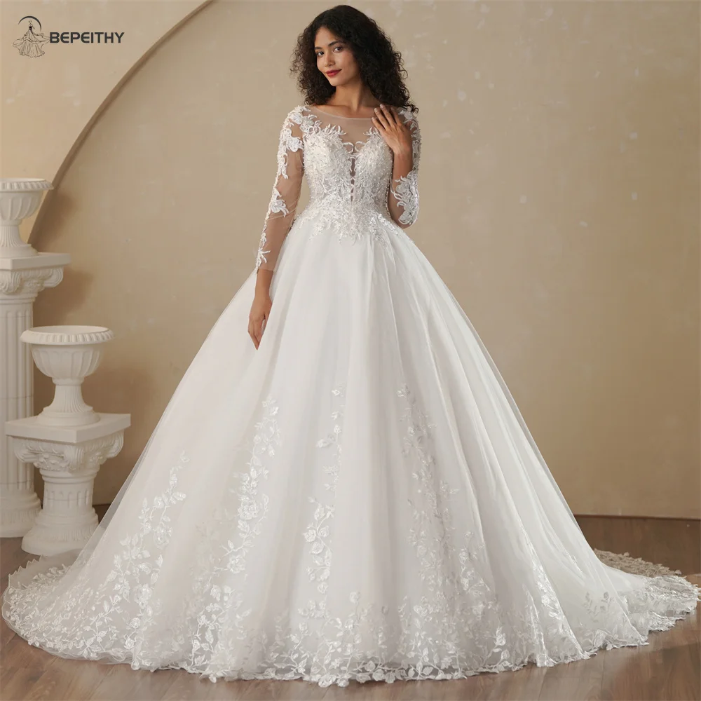 

BEPEITHY Customized Full Sleeves Lace Wedding Dresses A-Line Scoop Women Spring Pearls Bride Bridal Gown 2025 Vestidos De Novias