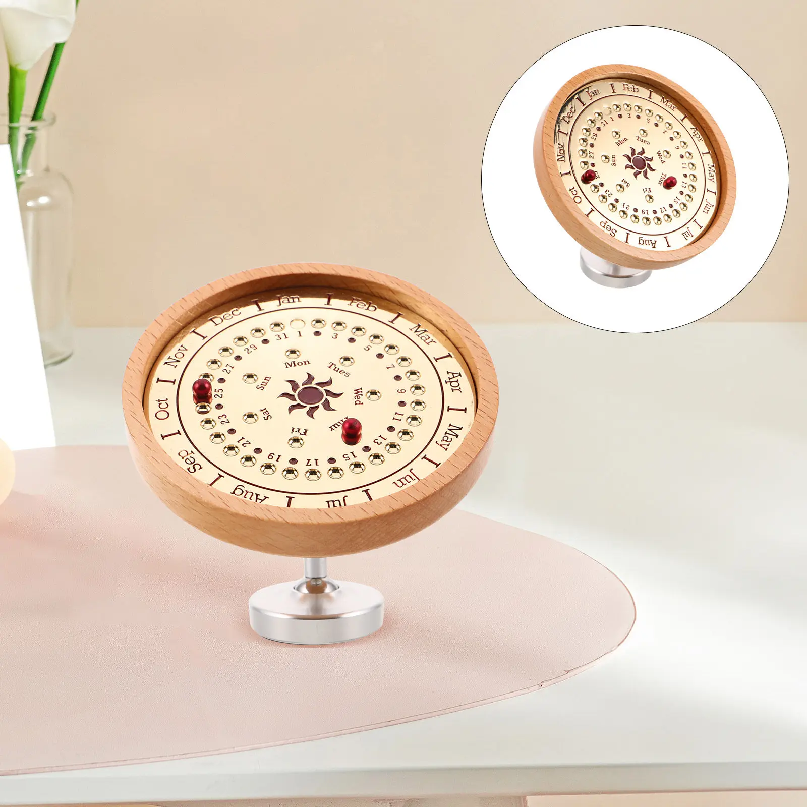 Vintage Wooden Perpetual Calendar Adjustable Desktop Yearly Date Tracking Desk Decor for Office Home Use