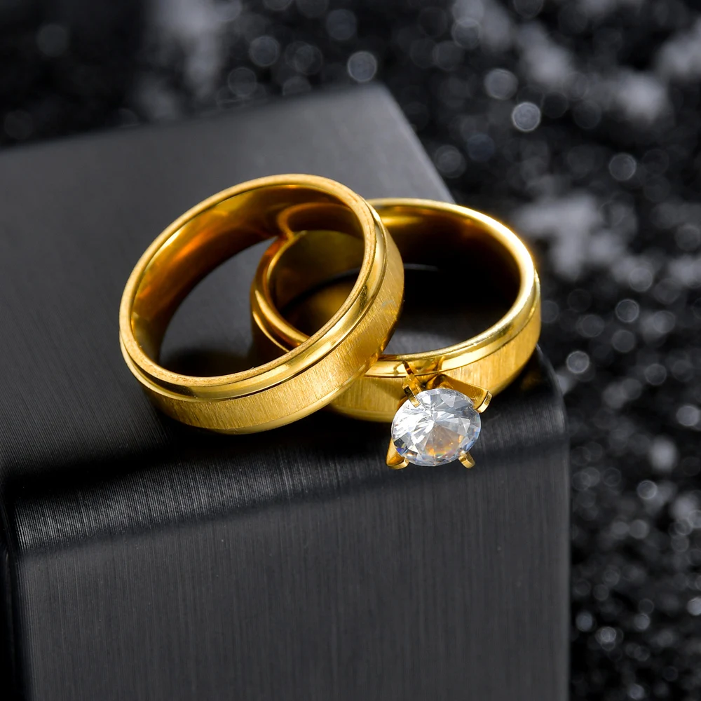 Stainless Steel Wedding Ring For Couples Gold Color Crystal Lovers Rings Set Men Women Engagement Wedding Rings Anillos Mujer