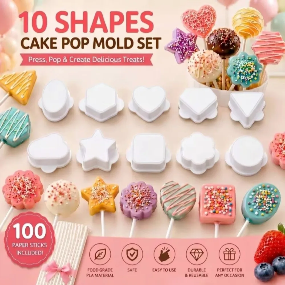 PLA Cake Molds Set With 100 Sticks Dessert Making Cakecutter And Pusher 5 Shapes Reusable Press-forming Molds Baking Tool