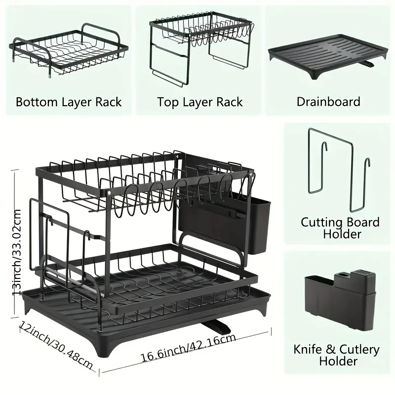 Large-Capacity Double-Layer Kitchen Storage Rack-Metal Dishes with Drainage Function and Tableware Stand, Suitable for Bowls, Cups, Cutting Boards-No Assembly Required