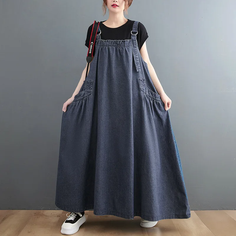 Denim Dress Women Strap Dresses Sleeveless Overalls Sundress Pockets Maxi Gown Vintage Streetwear Washed Female Summer Vestidos