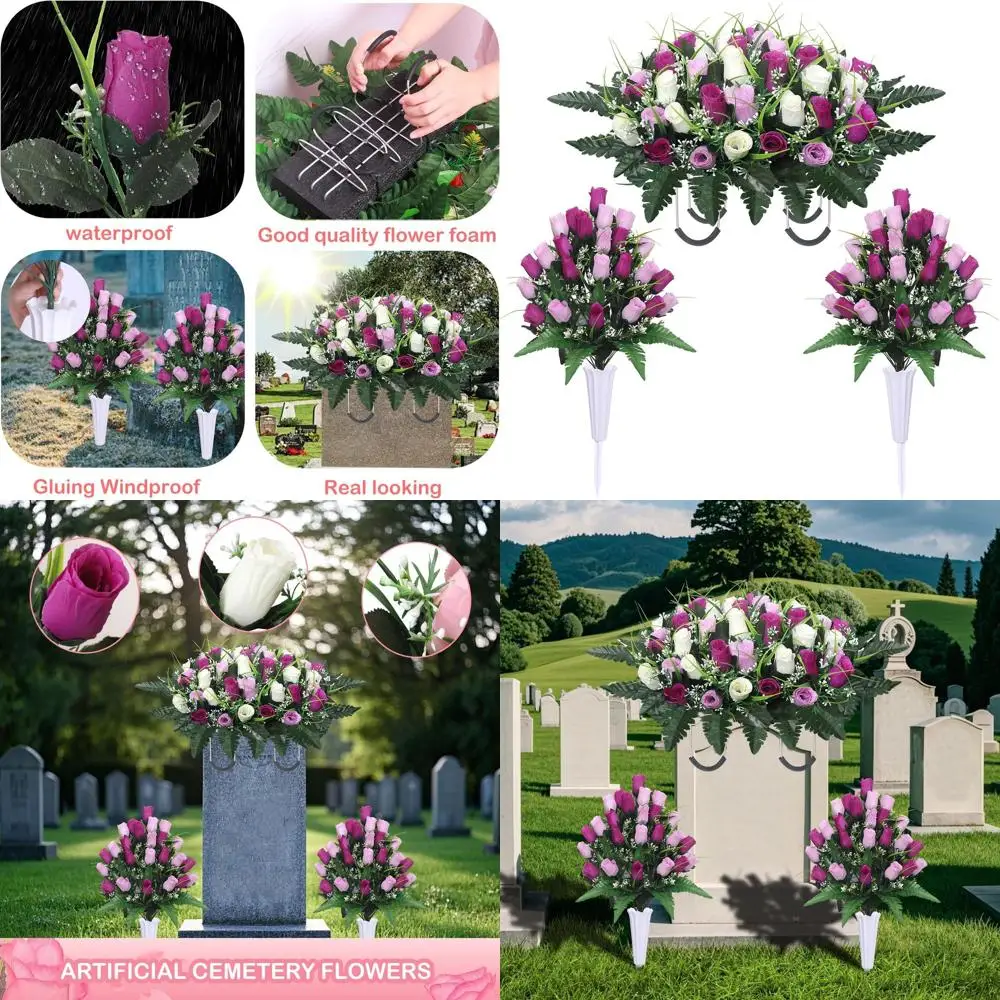 

Purple & White Outdoor Cemetery Flower Saddles with Vase and Bouquets for Gravestones