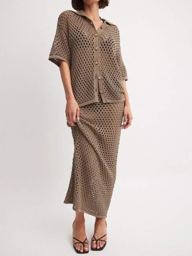 เสื้อผ้าผู้หญิงฤดูร้อนใหม่ชุดลําลองชุดแฟชั่นตาข่าย Fishnet Beach เสื้อถักกระโปรงยาวชุดจับคู่สําหรับสตรี