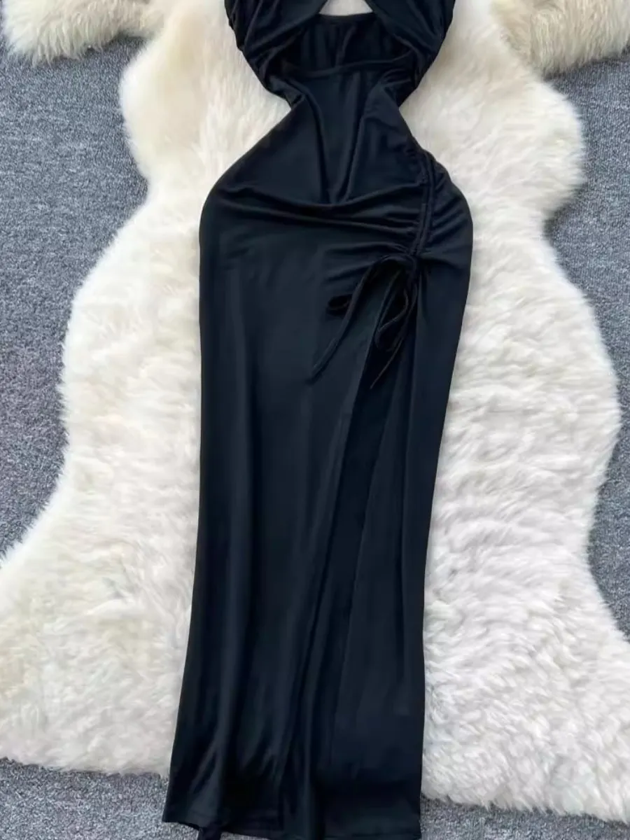 Foamlina Sexy Waist Cutout Halter Strap Dress Women Solid Color Slim Fit Flattering Summer High Slit Backless Maxi Dress