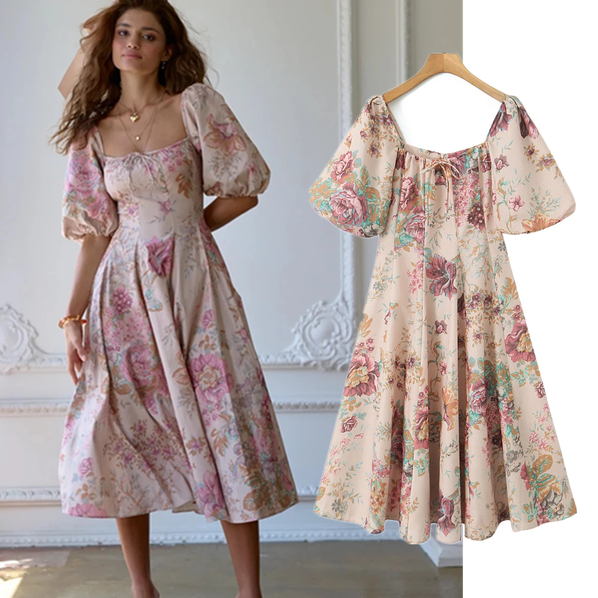 

Maxdutti Fashion Elegant Party Summer Dress Women French Retro Rural Style Square Neck Flower Print Large Hem Dress