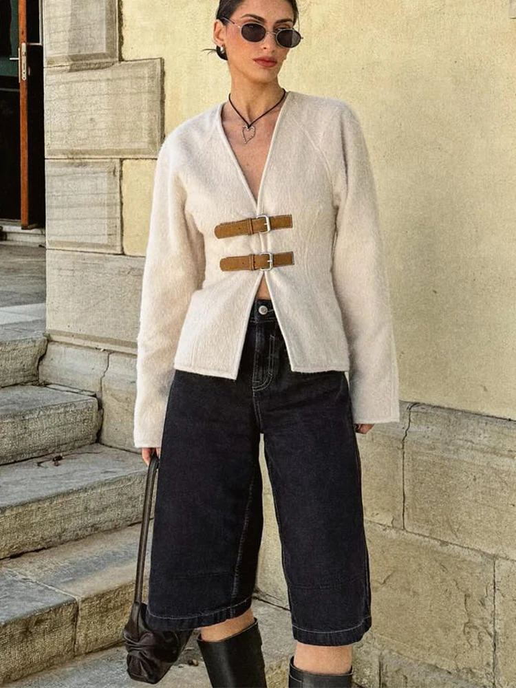 

HH 2024 Woman Woolen Leather Buckle Woolen Jacket Female Elegant Long Sleeve Single Breasted Coat Lady Spring Sweater