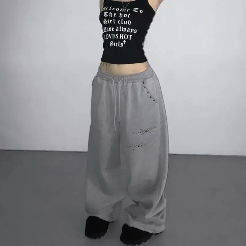 

Deeptown Gray Rhinestones Women Sweatpants Black Vintage Wide Leg American Style Hip Hop Trousers Oversized Jogging Casual Thick