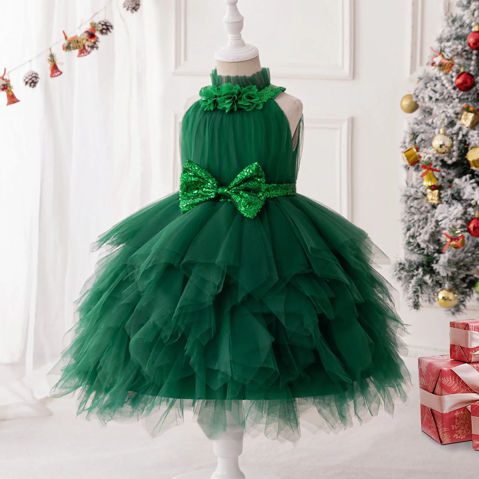 Vestidos verdes para fiesta de Navidad para niñas, disfraz de Carnaval, lazo elegante, malla de flores, vestido de princesa para cumpleaños y boda, disfraces de graduación para niños