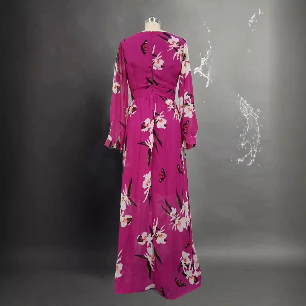 2025 Vestido de mujer estampado de verano con cuello en V, manga larga, falda completa, moda