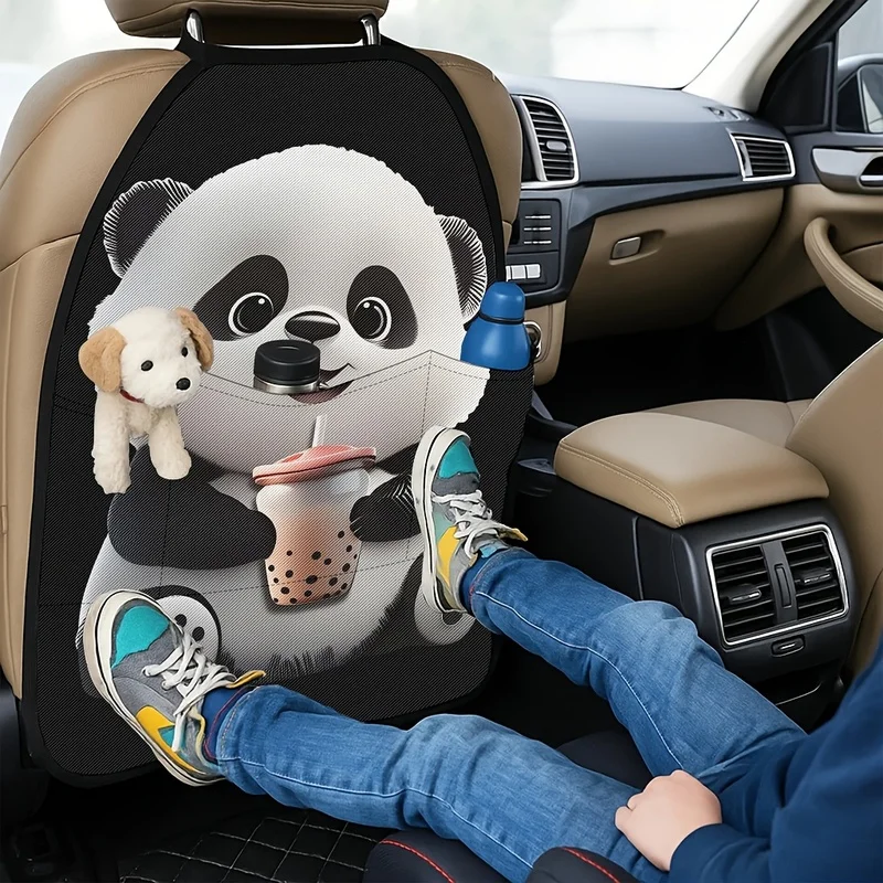 Car Seat Back Covers With Storage Pockets, Cute Panda Holding Bubble Tea For Car Interior Decor