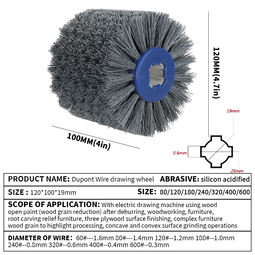 SI FANG 120mm Abrasive Nylon Wire Drawing Wheel Drum Burnishing Electric Brush 60-600 Grit Wooden Polishing Tool