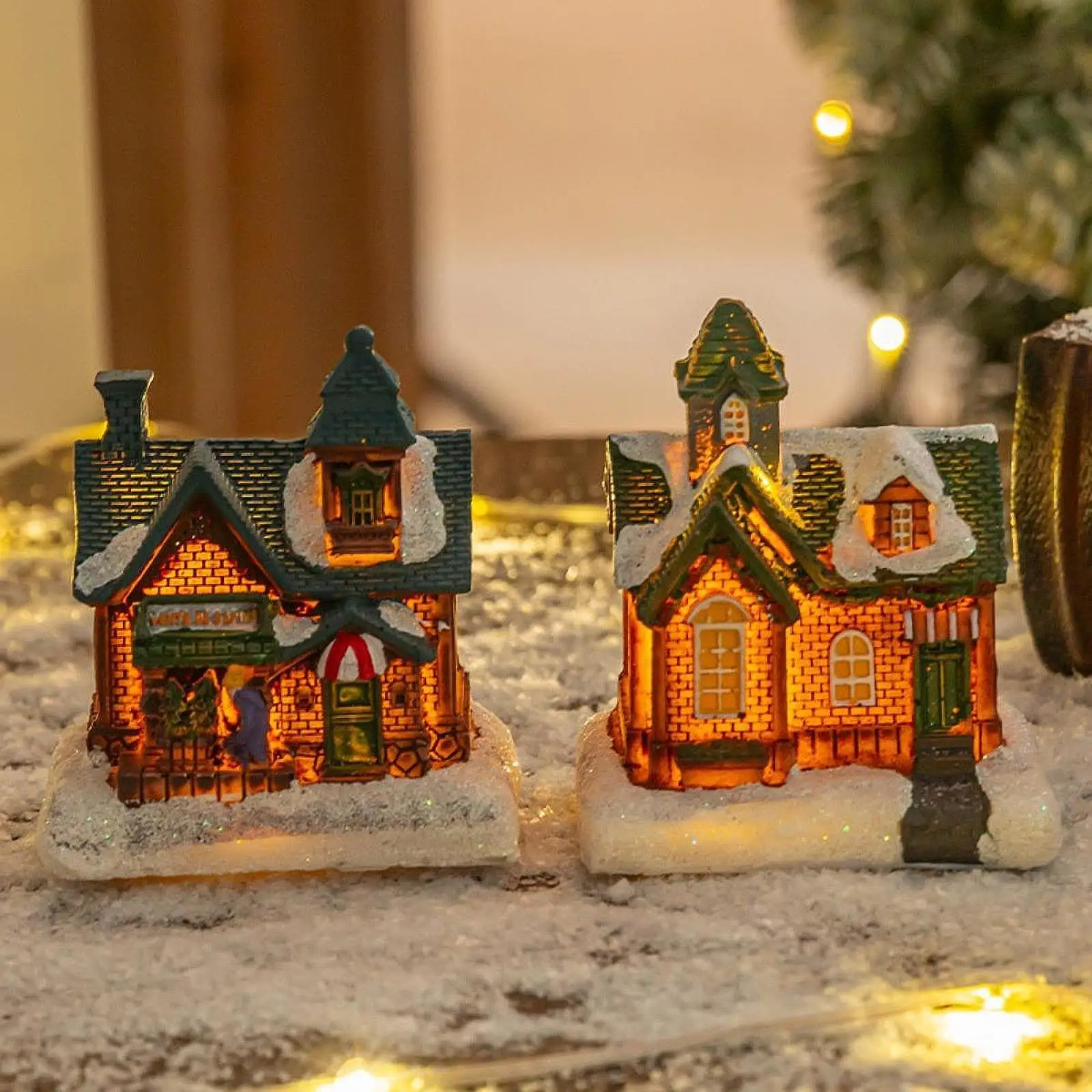 

12Pcs Christmas Snow Houses Ornament Holiday Festival Resin Props Collectible Table Centerpieces Lighted Village Houses Statue