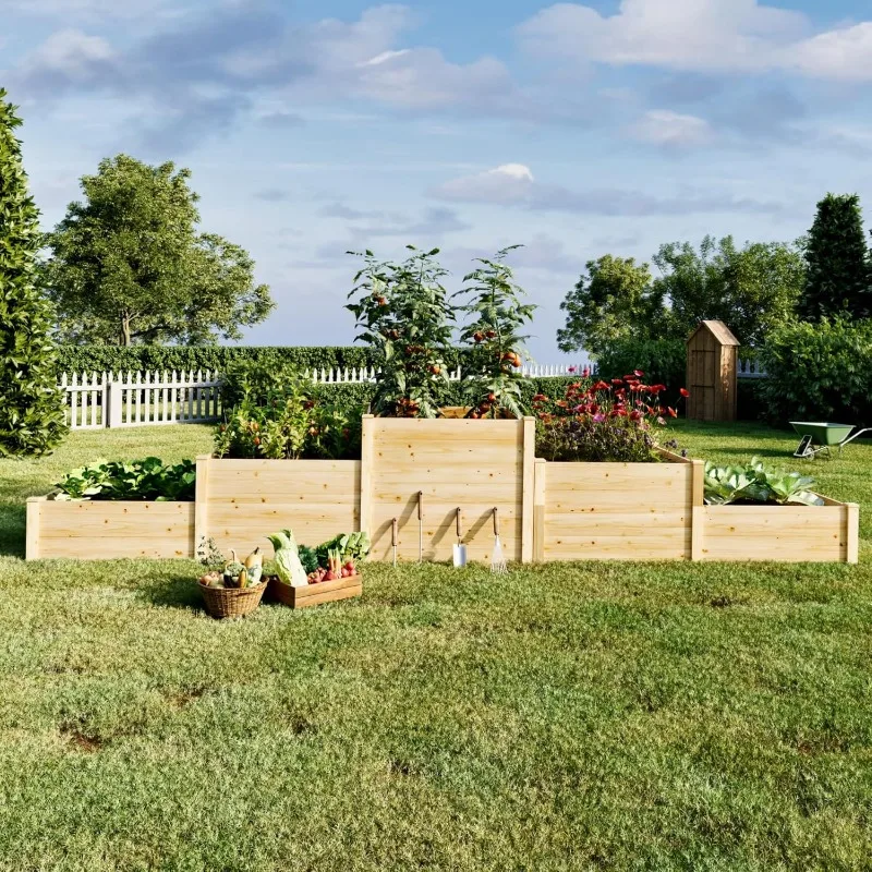 

3-Tier Raised Garden Bed for Outdoor Gardening, Fir Wood Planter Box with Dividers, Shape AdjustableTool-Free Assembly, Garden B