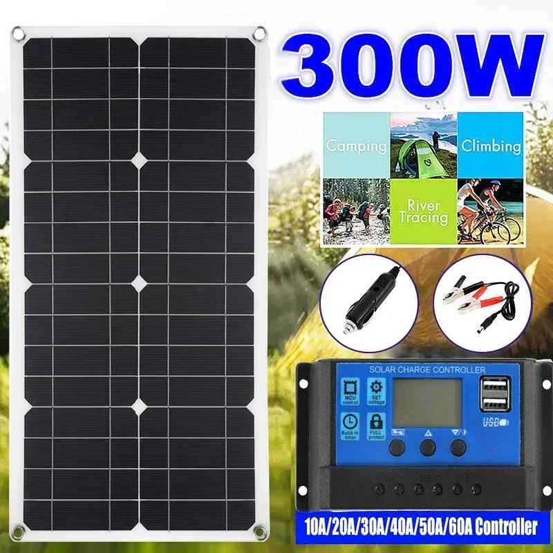 

BMAD 300W Protable Solar Panel Kit 18V/5V Dual USB Charger Port with 30A/60A Solar Controller Off Grid Monocrystalline Module