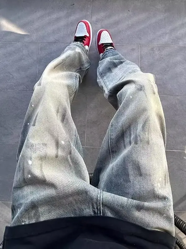 

Мужские джинсы Waed Distred с эффектом разбрызганных чернил, свободные, широкие, прямого кроя, повседневные, винтажные, со средней посадкой, на молнии, джинсовые брюки