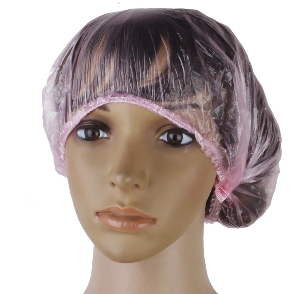 

100 Pcs Pink Shower Cap Elastic Bathing Caps for Women Disposable One-off Clear