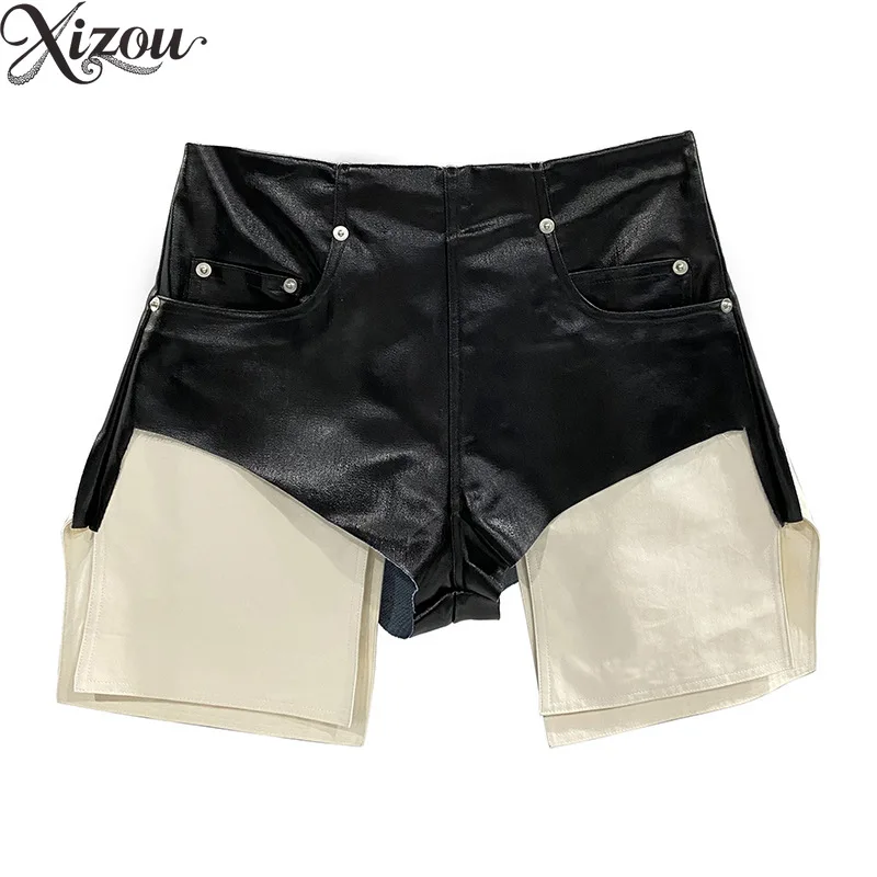 Women High Waist Zipper Shaping Shorts Color Block Slim Straight Leg Canvas Gothic High Street Leather Sexy PU Street Trendy