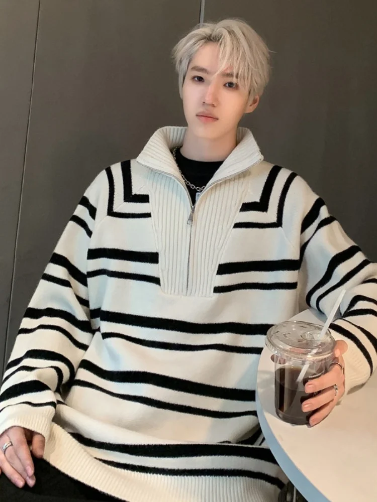 

Men's Knitted Sweater f Zipper Autumn Winter Stripe Sle Comfortable Fit Casual Long Sve Faionable Outerwear