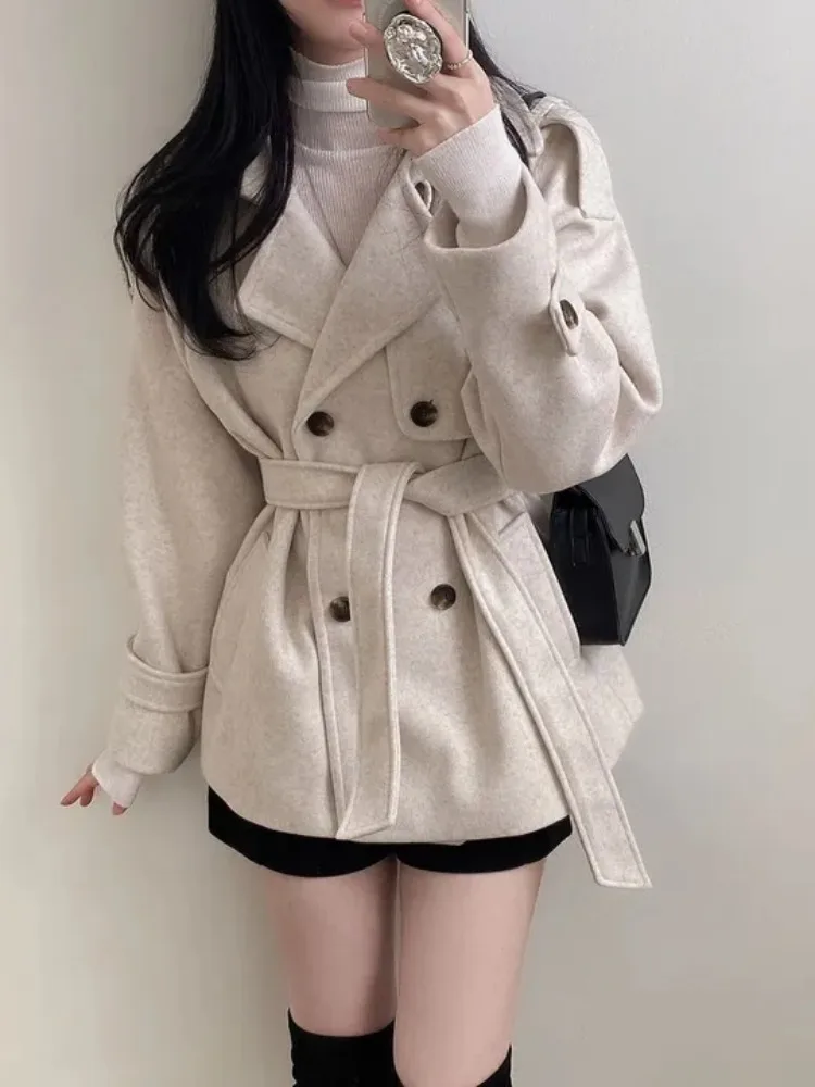 

Ele Briti Sle женское шерстяное пальто с поясом двубортное осенне-зимнее модное верхнее белье шикарный ретро тренд