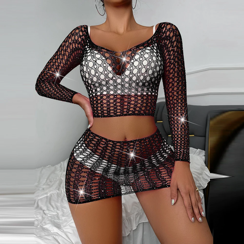 

Naughty Women Sexy Rhinestone Fishnet Underwear Lingerie Ladies Elastic Waist Mesh Hollow Out Set Nightwear Pajama Set 2023