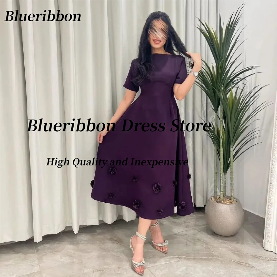 

Blueribbon Satin A Line Prom Dresses Short Sleeves Homecoming Party Dress Handmade Flowers Vestidos Des Graduation Gowns