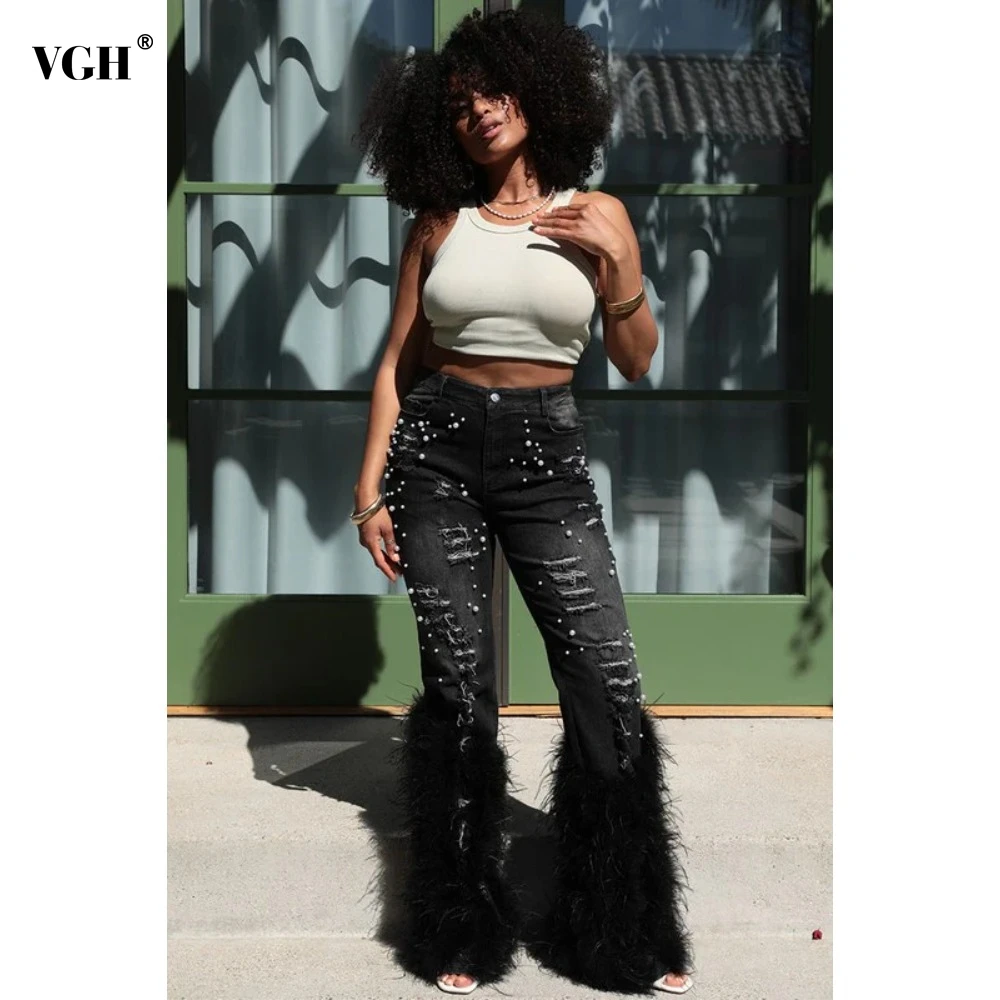 VGH Sexy Patchwork Pearls Jeans for Women High Waist Slimming Spliced Feather Design Retro Streetwear Denim Trousers Female New