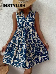 Elegant V Neck Print Ruffles A Line Dress Women Summer Sleeveless Bohemian Sundress Casual Loose Knee Length Beach Party Dress