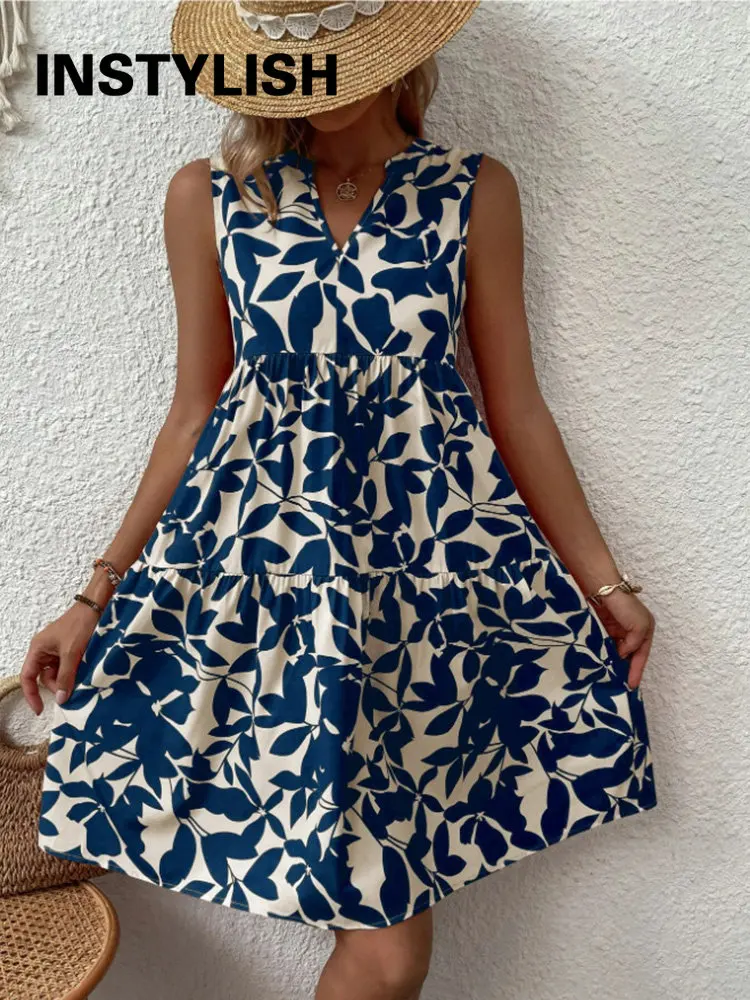 Elegancka sukienka z dekoltem w szpic z falbankami dla kobiet Letnia sukienka bez rękawów Bohemian Sundress Casual Loose Knee Length Beach Party Dress